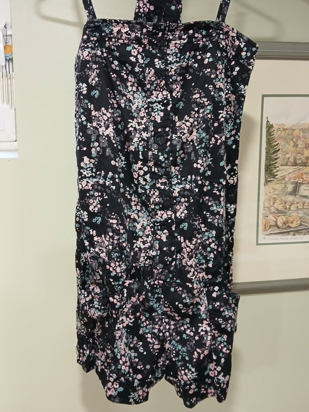 Dynamite Floral Black and Pink Shorts Romper With Button Design ,Small